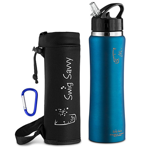 Swig Savvy Stainless Steel Insulated Water Bottle 32oz Wide Mouth Large Capacity Double Wall Design with Leak Proof Flip Top Straw Cap