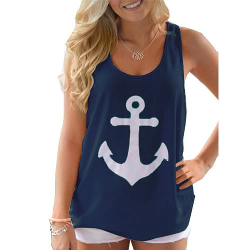 Voguegirl Women Boat Anchor Print Sleeveless Tank Tops Vest Blous